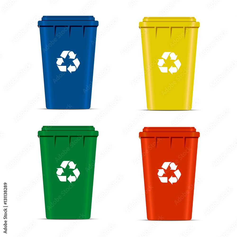 Realistic Set Recycle Bins for Trash and Garbage Isolated on White Background. Waste management concept. illustration in flat design Raster version

