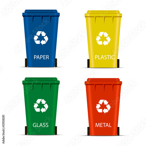 Realistic Set Recycle Bins for Trash and Garbage Isolated on White Background. Waste management concept. illustration in flat design Raster version
