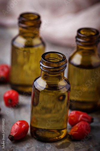 Dog rose essential oil on small bottles