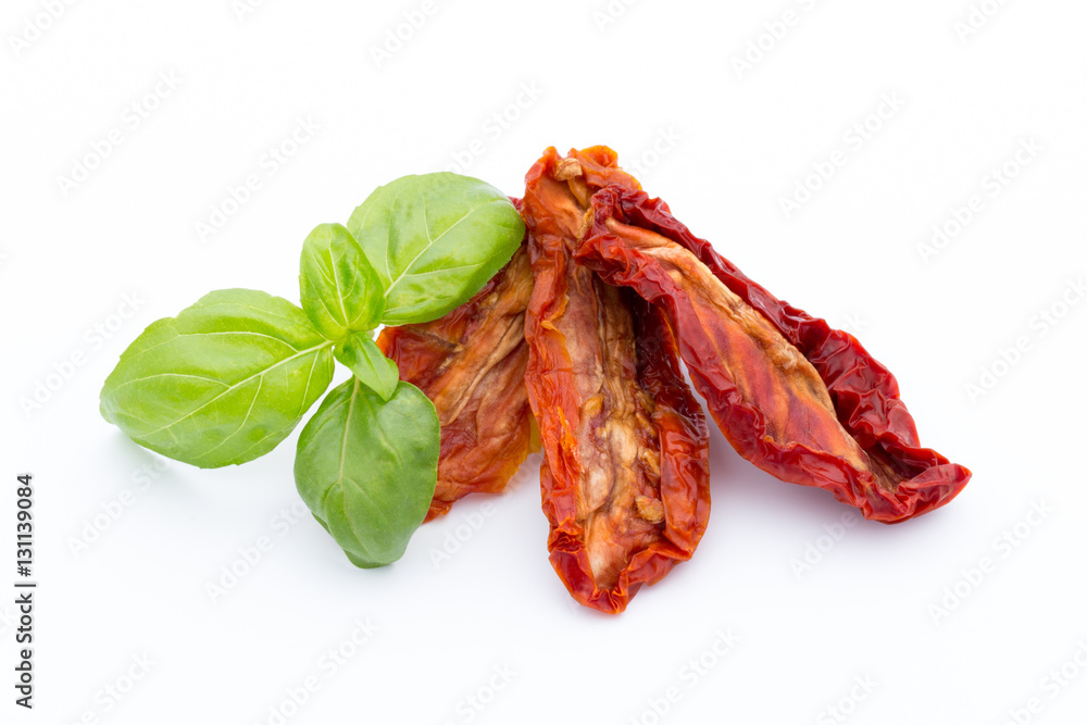 Dried tomatoes isolated on white background.