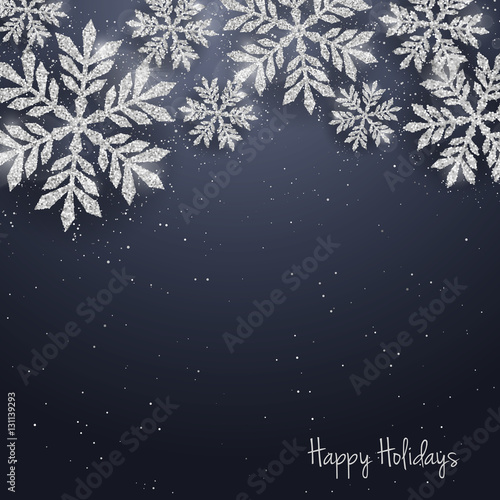 Vector Christmas New Year greeting card with sparkling glitter silver textured snowflakes. Seasonal holidays background