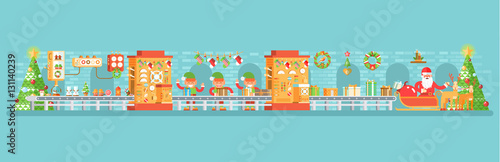illustration of isolated Christmas conveyor with elves pack gifts near the spruce tree festively dressed up, flat style