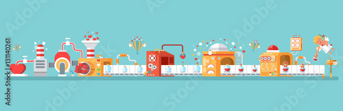 horizontal illustration of isolated conveyor to create love potion celebrate Happy Valentines Day in flat style