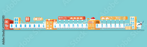 horizontal illustration of isolated milk conveyor with packaging and bottling  in flat style