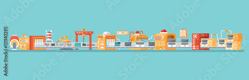 horizontal illustration of conveyor for assembly and packaging, production personal laptops in flat style