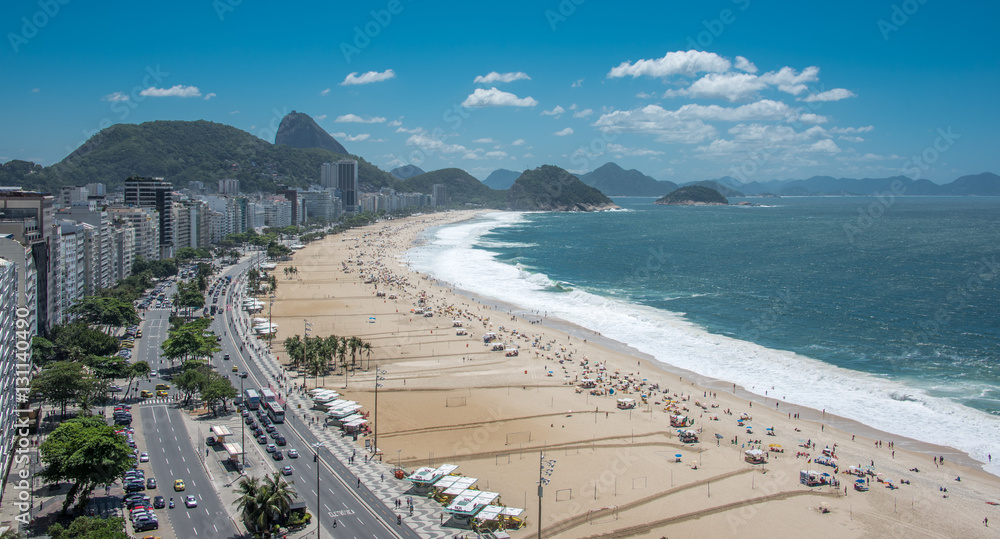 Aerial view of the coast of Copacabana Beach, Forte Duque de Caxias, Sugarloaf Mountain, Atlantic Ocean and blue sky, Rio de Janeiro, Brazil
