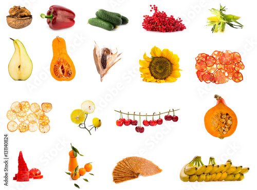 Коллаж из фруктов и овощей на белом фоне