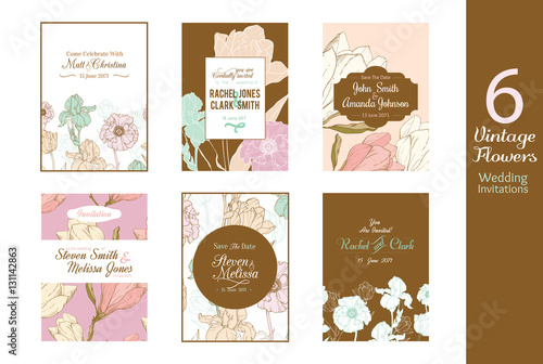 Six Unique Vintage Floral Wedding Invitations, Save the date cards set with b...