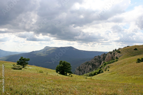 The green hillside with small trees and distant high mountain Chatyr-Dag on the summer day. This photo was taken in Crimean Mountains, on South Demerdzhi mountain.  photo