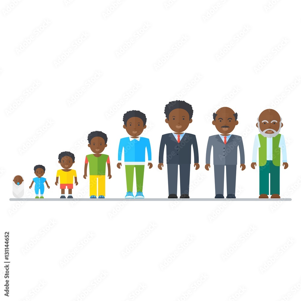 Aging concept of African American male characters. Family dynasty. The genealogy of ancestors to descendants. Flat vector cartoon cycle of life illustration. Objects isolated on a white background. Aging concept of African American male characters. Family dynasty. The genealogy of ancestors to descendants. Flat vector cartoon cycle of life illustration. Objects isolated on a white background.