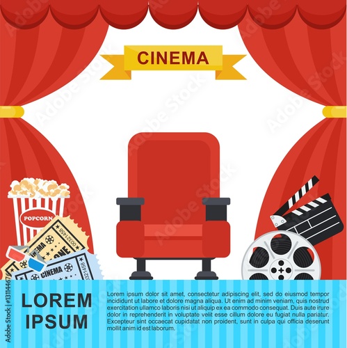 Auditorium and red comfortable armchair in the cinema. Drinks and popcorn, glasses for movie Flat vector cartoon Cinema seats illustration. Objects isolated on a white background.