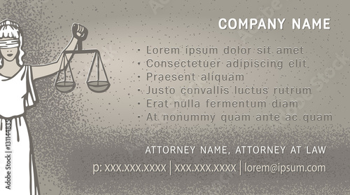 Business card showing illustration of Goddess of justice Themis. Femida with balance and sword. Eps-8 vector..