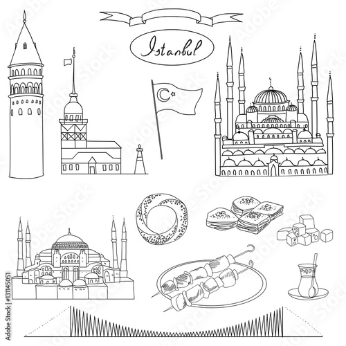 Black and white Istanbul tourist isolated object vector set.