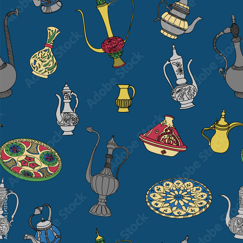 Colorful vector seamless pattern of arabic crockery.