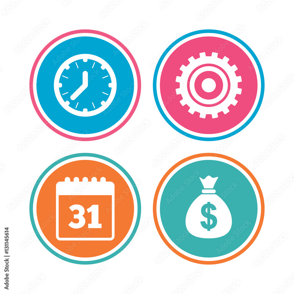 Business signs. Calendar and USD money bag icons. Business signs. Calendar and USD money bag icons.