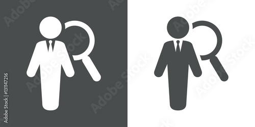 Icono plano hombre con lupa gris y blanco