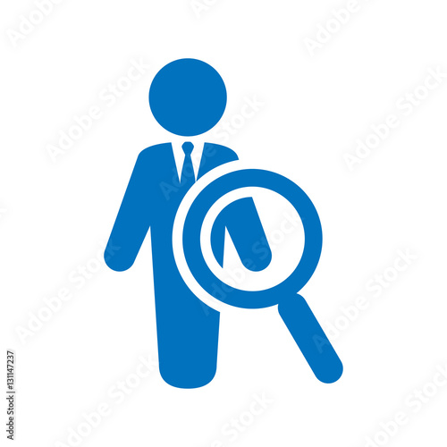 Icono plano lupa con hombre azul en fondo blanco