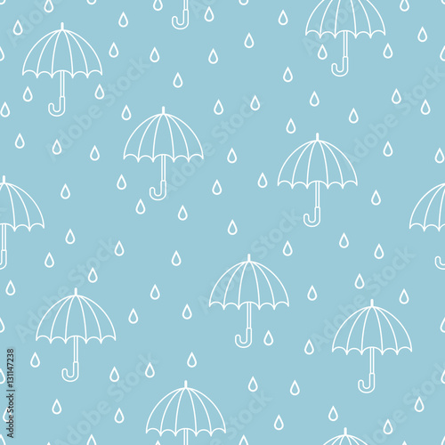 Rain and umbrellas. Seamless pattern. Bicolour vector hand drawn doodle cartoon
