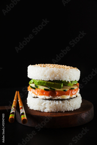 japanese food with burger made from rice and smoked salmon, avoc photo