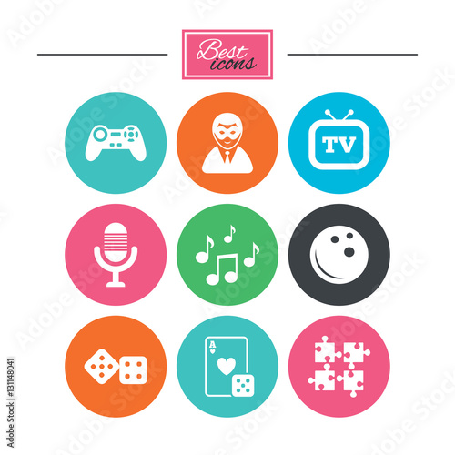 Entertainment icons. Game, bowling and puzzle.