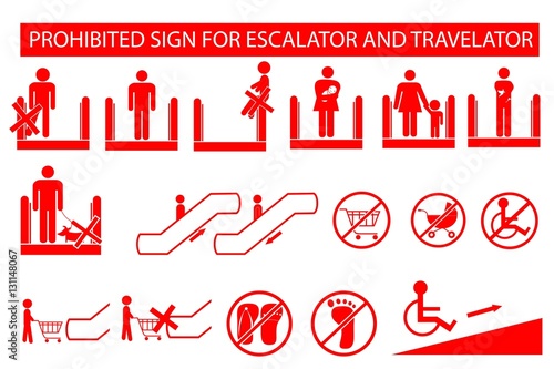 Set of Prohibited Sign at Escalator or Travelator Isolated on White
