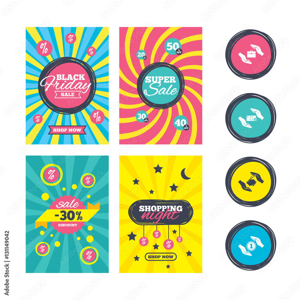 Obraz premium Hands insurance icons. Money savings signs.