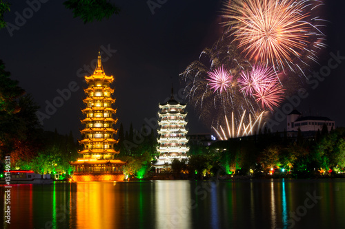 Fireworks over Two towers of Guilin China