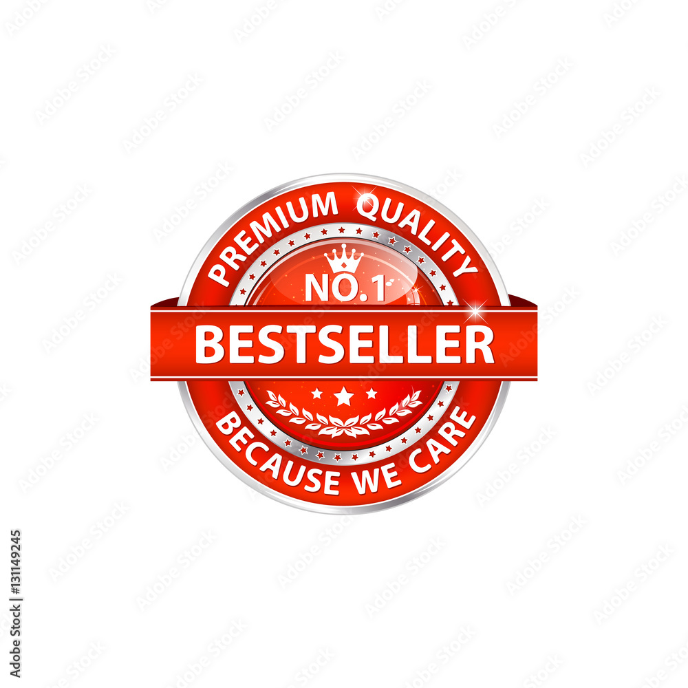 Obraz premium Best seller, Premium Quality, because we care - luxurious icon / sticker / stamp for retail industry. Contains a golden champions cup in the middle. Business icon