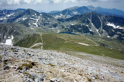 Panoramic view from Vihren Peak to Vlahini lakes, Pirin Mountain, Bulgaria photo