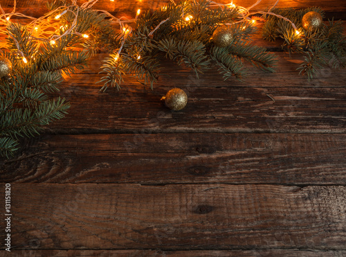 Christmas Background with decor and ligts. Christmas tree. Horiz