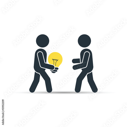Man gives the other person an idea light bulb, vector simple business concept illustration.