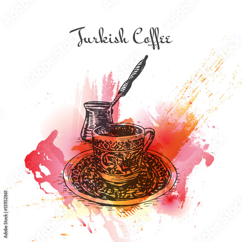Turkish Coffee watercolor effect illustration.