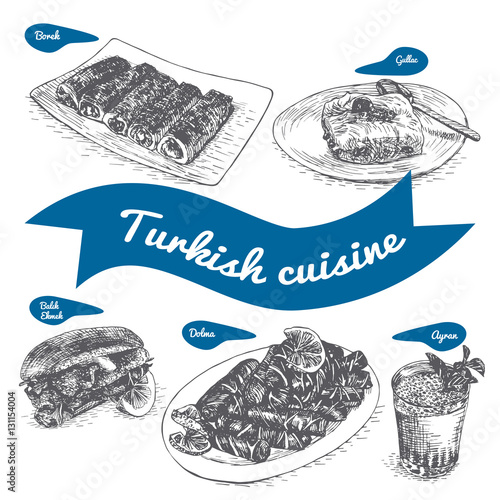 Monochrome vector illustration of Turkish cuisine.