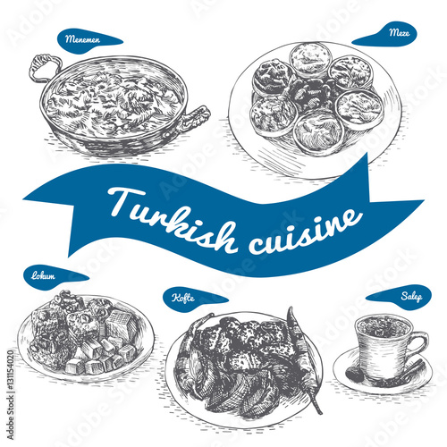 Monochrome vector illustration of Turkish cuisine.