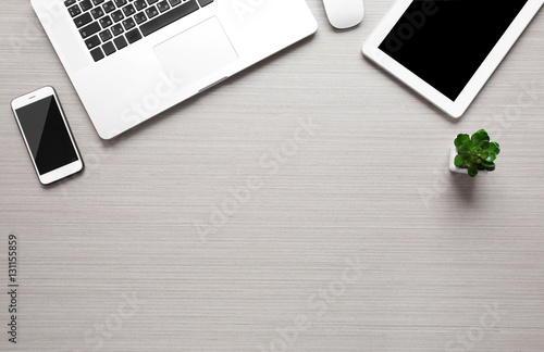 Office tools on wooden background