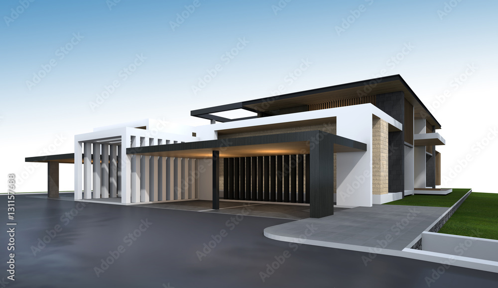3D rendering of tropical house with clipping path.