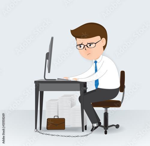 Businessman chained to the office desk, Business Concept, cartoon character, vector