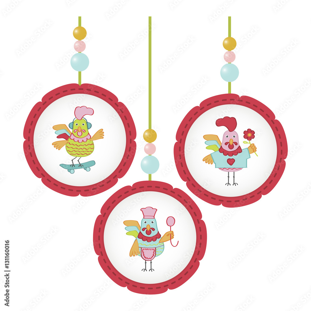 Set of Cute cartoon roosters characters illustration. Vector template with funny cocks. Symbol of 2017 Chinese New Year