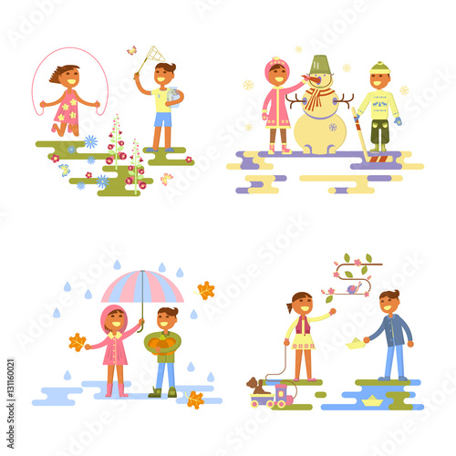 Set with babies. Different weather. Flat design, boy and girl four seasons. autumn, winter, spring, summer. Cartoon characters, illustration vector eps10
