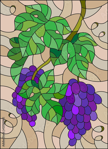 The illustration in stained glass style painting with a bunch of red grapes and leaves on brown background