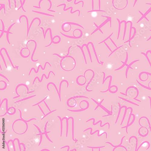 Seamless pattern with zodiac signs on a pink background with stars