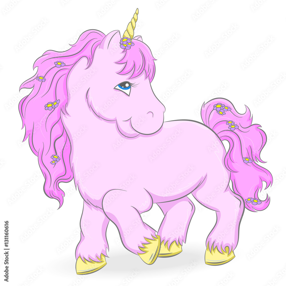 Illustration of a cute pink unicorn on a white background