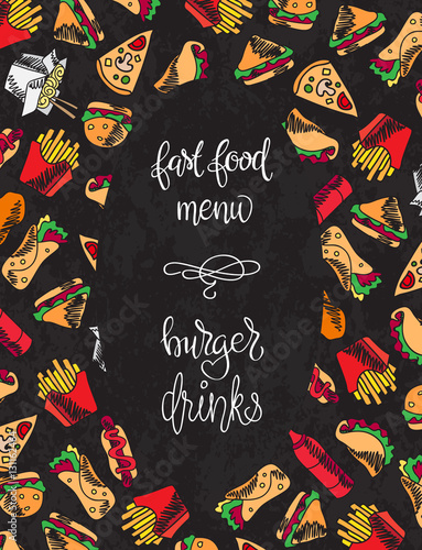 Fast food menu. Set of icons on the vector background.