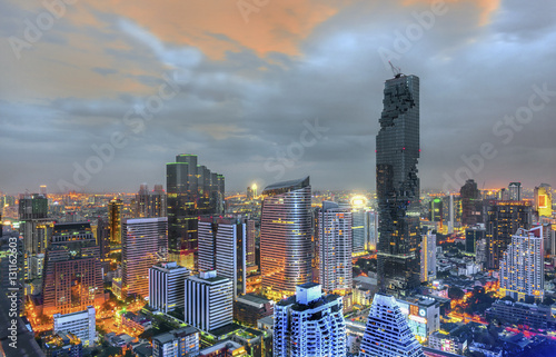 Photography Aerial view of Bangkok modern city of commercials, trading areas, downtown with