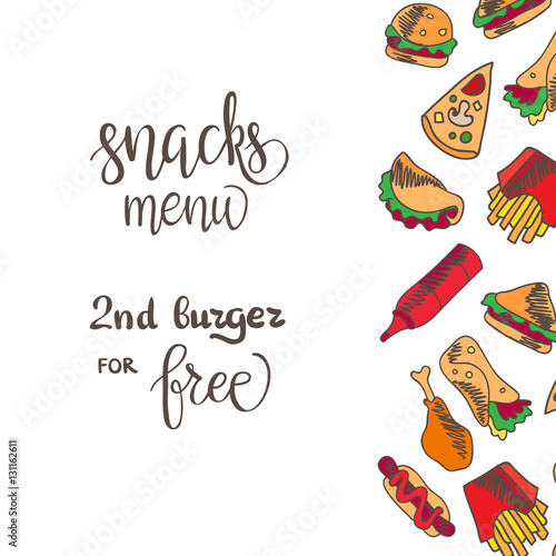 Fast food menu. Set of icons on the vector background.
