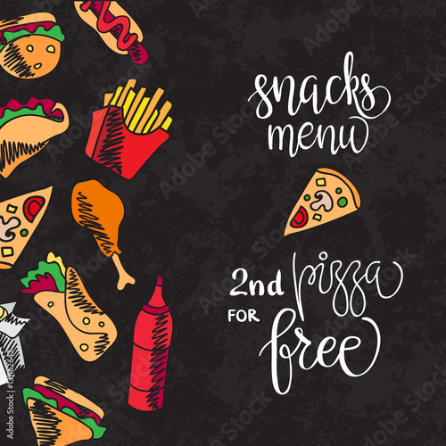 Fast food menu. Set of icons on the vector background.