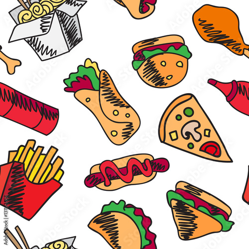 Fast food menu. Set of icons on the seamless pattern.