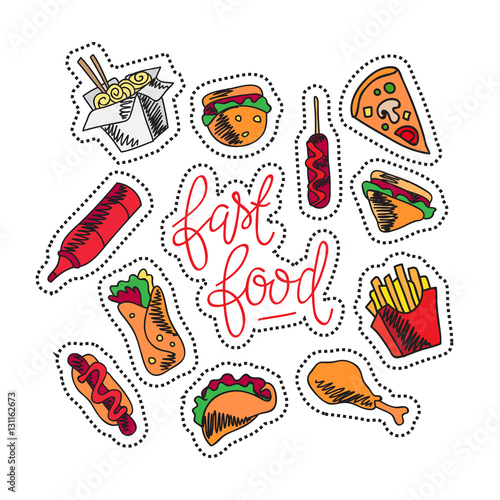 Fast food menu. Set of icons on the vector background.
