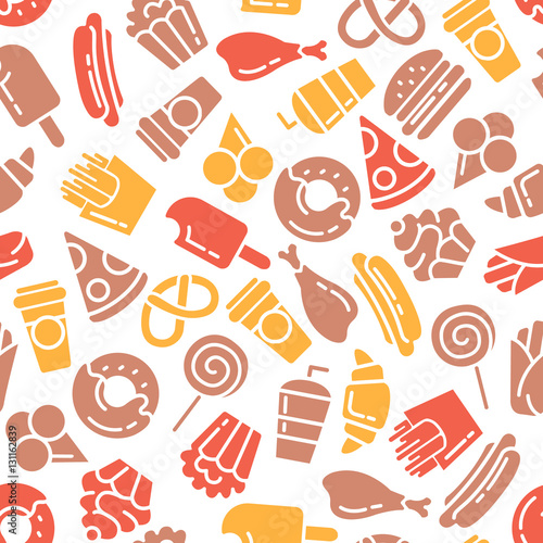 Fast food menu. Set of icons on the seamless pattern.