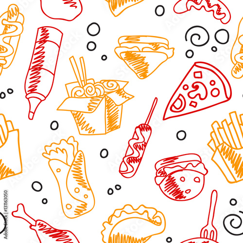 Fast food menu. Set of icons on the seamless pattern.